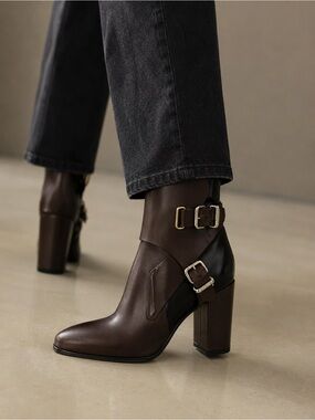 🇮🇹Tod’s Double Buckle Leather Ankle Boots Brown Size 40 Italy Luxury Block Heels